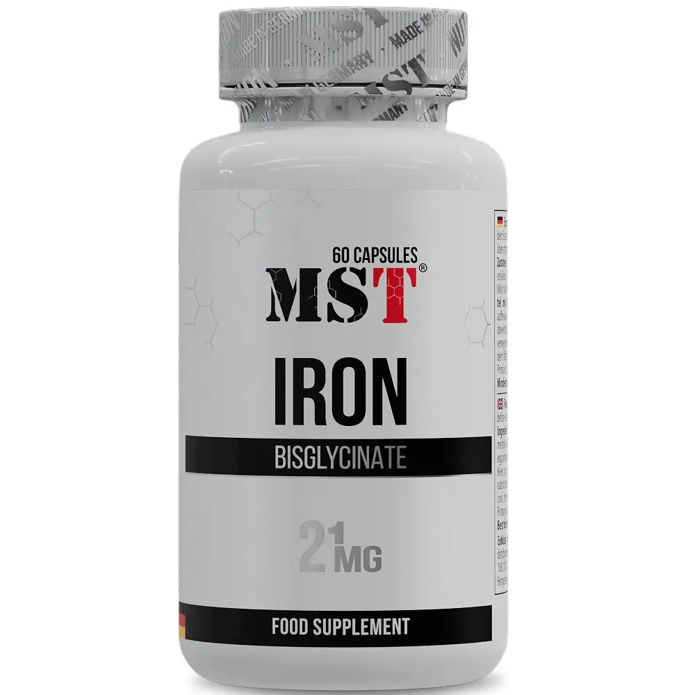 Вітамін С та залізо MST Nutrition Iron Bisglycinate, 60 капсул для профілактики залізодефіцитної анемії