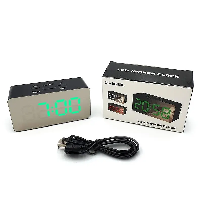 Дзеркальний LED годинник з будильником та термометром UKC DS-3658L із зеленим підсвічуванням чорний - фото 2