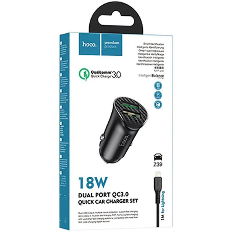 Автомобільний зарядний пристрій Hoco Z39 QC3.0 Black 2 USB+ USB Cable Lightning - фото 5
