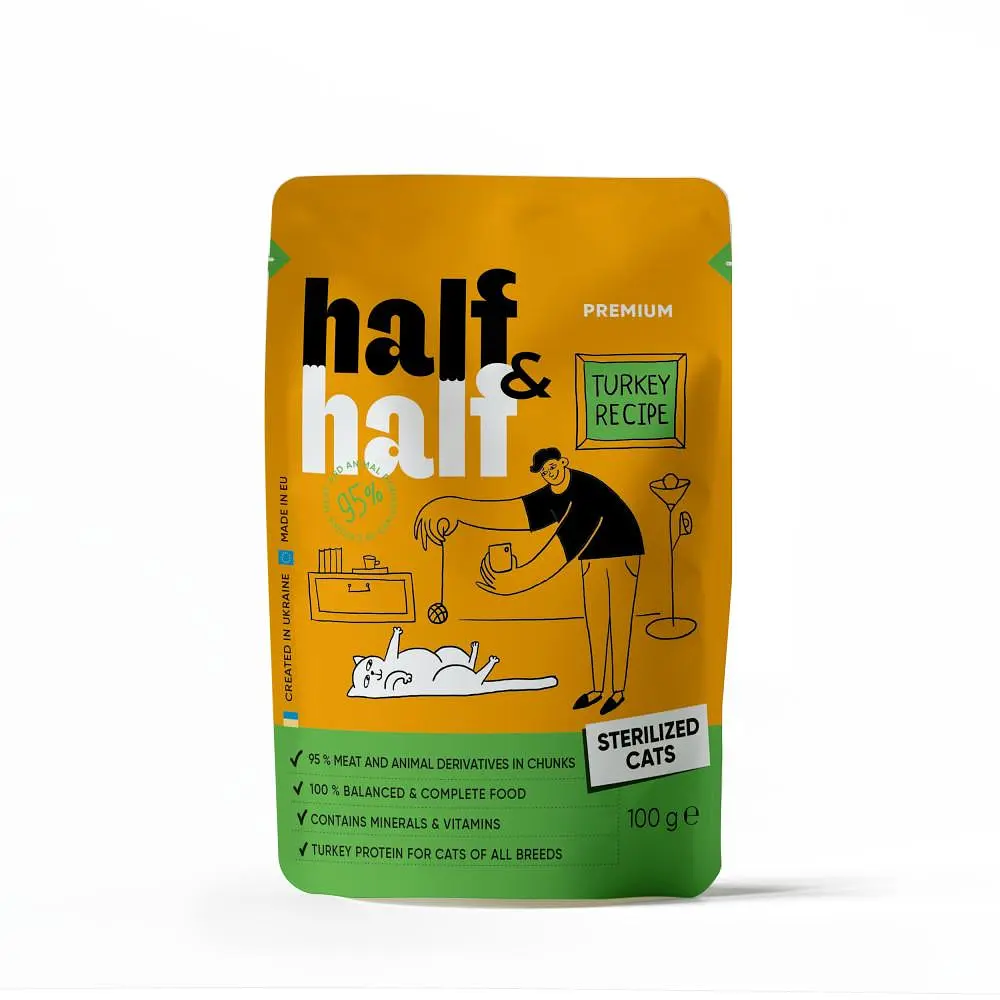 Корм вологий Half&Half для стерилізованих кішок, шматочки з індичкою в желе, 100 г павука (арт.20895)
