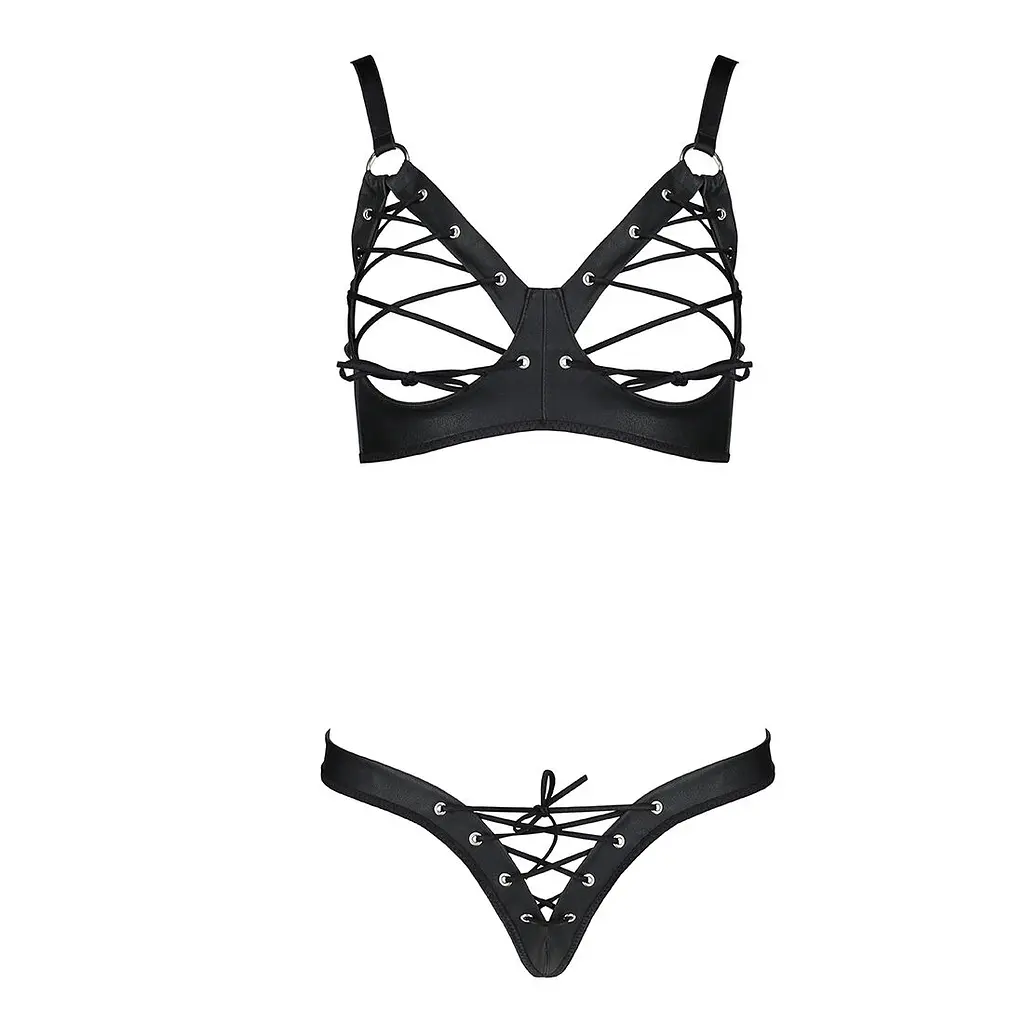Комплект Passion CELINE BIKINI 2XL/3XL black відкритий бра з стрічками стрінги з шнурівкою, екошкіра - фото 3