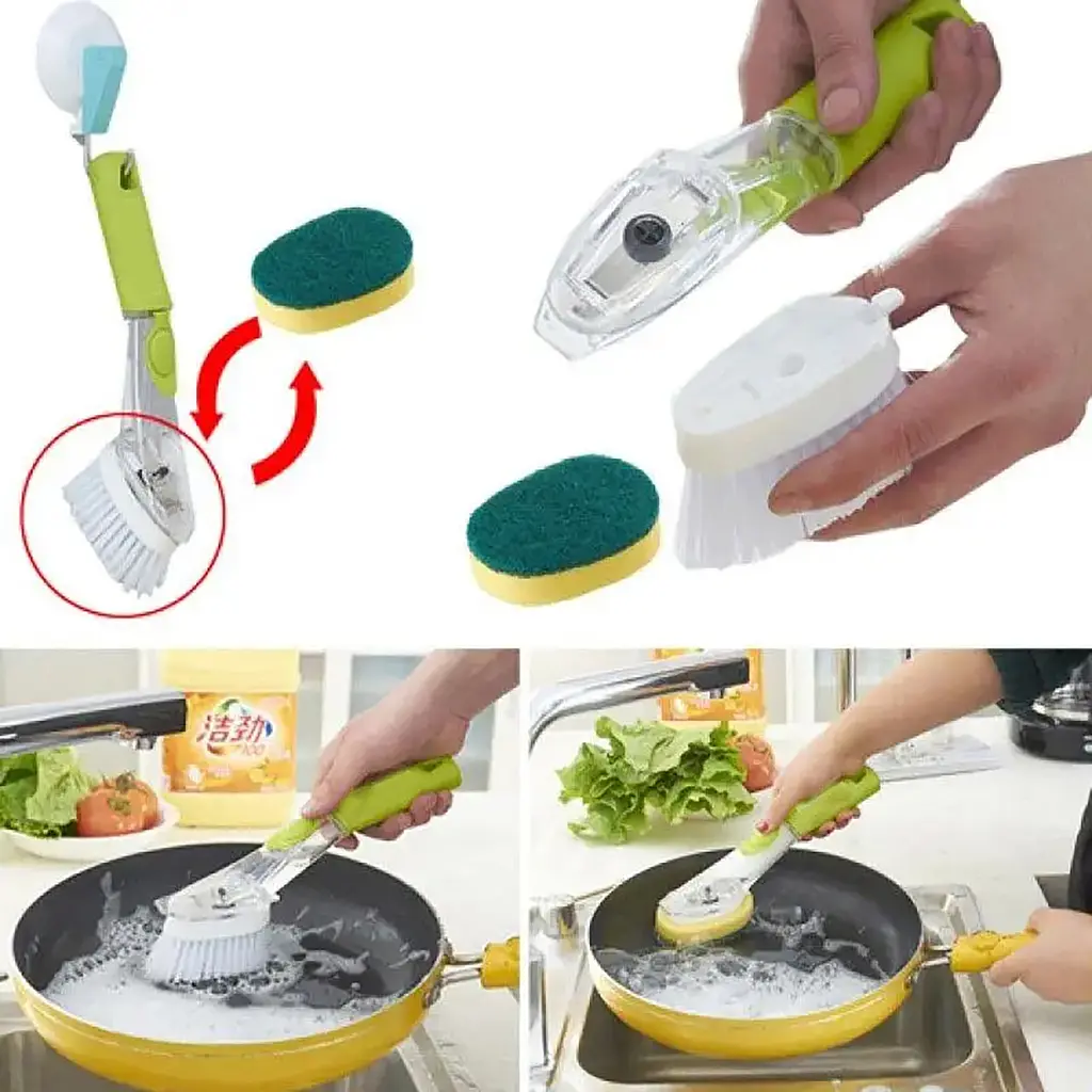 Щітка для миття посуду Rise-UP AUTOMATIC LIQUID CLEANING BRUSH із дозатором та насадками багатофункціональна, Kitchen Master Зелений 85889 - фото 2