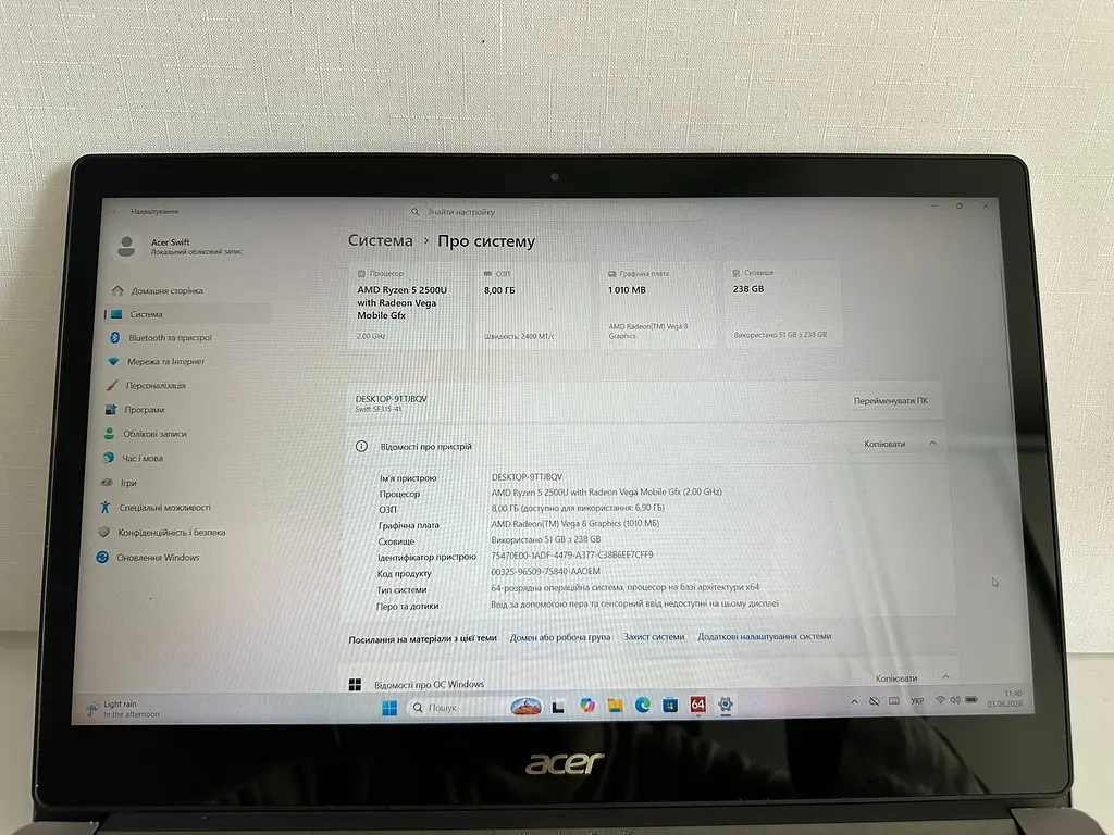 Ноутбук Acer Swift SF315-41 15.6" (Ryzen 5 2500U / 8GB / SSD 256GB / 1920x1080 IPS) б/в - фото 4