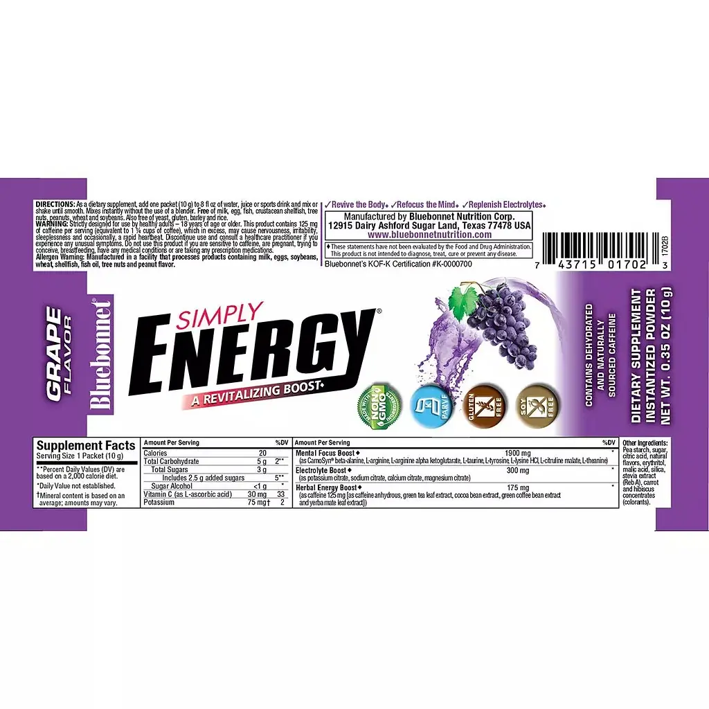 Енергетичний напій Bluebonnet Nutrition Simply Energy Grape смак винограду 14 пакетиків по 10 г - фото 2