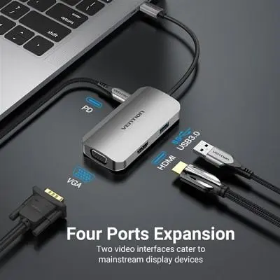 Концентратор Vention USB3.1 Type-C --> HDMI/VGA/USB 3.0/PD 100W Hub 4-in-1 (TOAHB) - фото 4