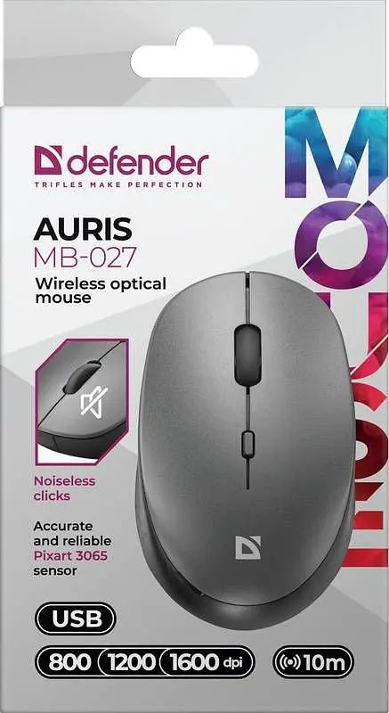 Комп'ютерна мишка Defender Auris MB-027 бездротова 3 кн. до 1600 dpi безшумна сіра (52029) - фото 2