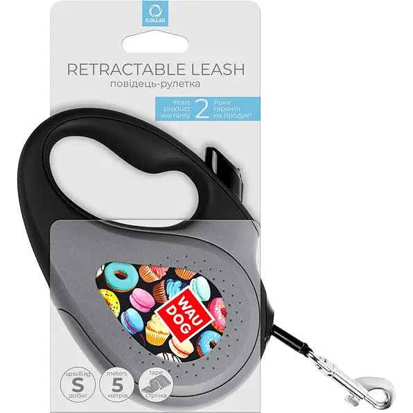 Повідець-рулетка для собак Waudog R-leash Пончики, світловідбиваючий, S, до 15 кг, 5 м, чорний - фото 3