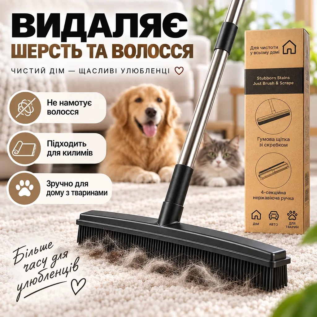 Універсальна гумова щітка-швабра 4 в 1 для підлоги, килимів, шерсті та вікон, ручка з нержавіючої сталі KT9005102 - фото 2