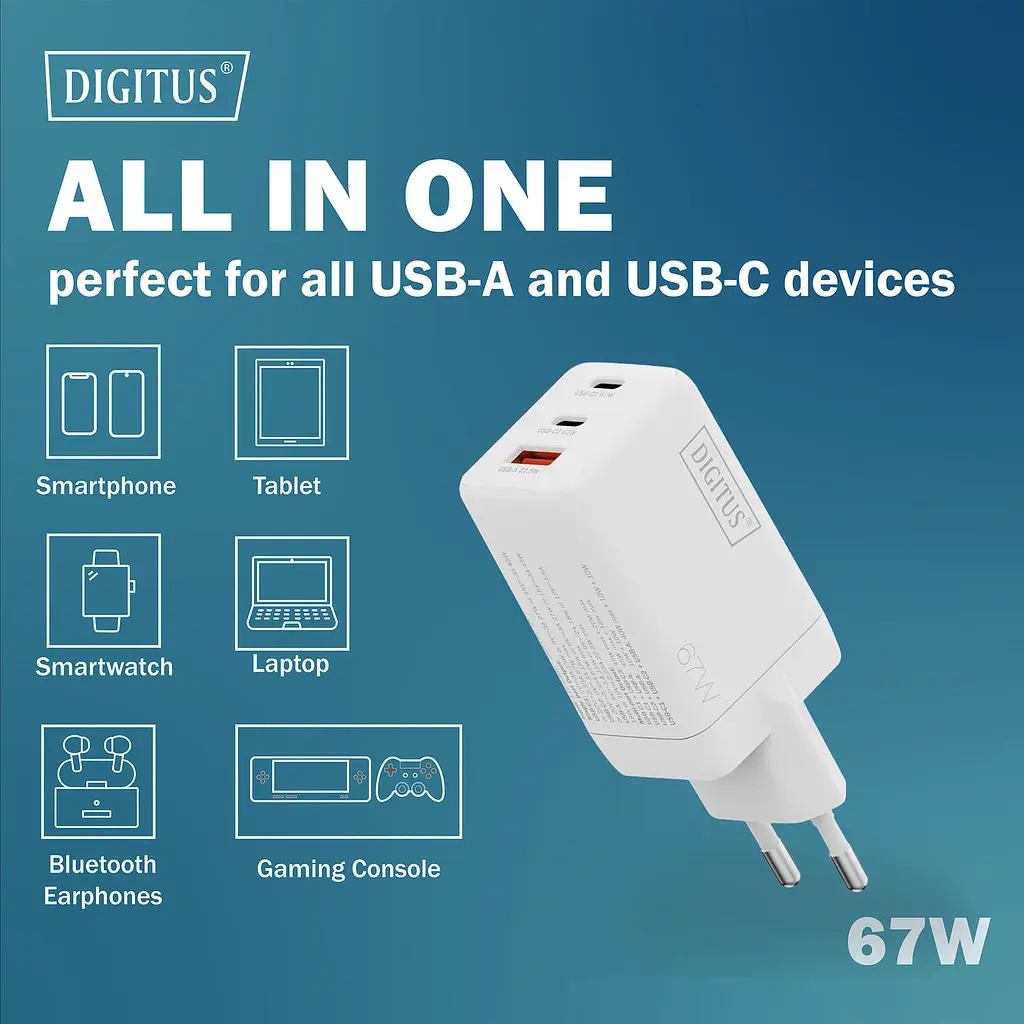 Зарядний пристрій 2xUSB-C, 1xUSB-A DIGITUS GaN 67W - фото 7