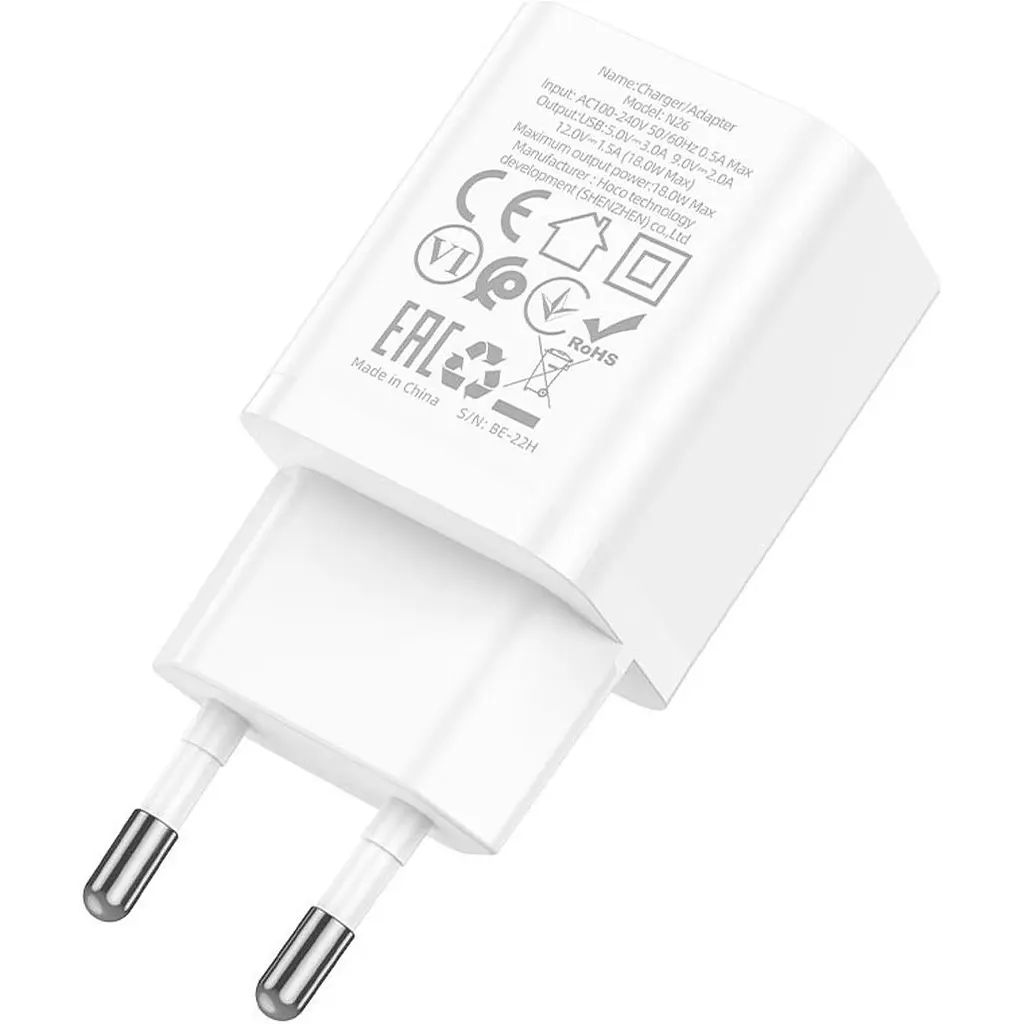 Мережевий зарядний пристрій Hoco N26 QC3.0 White [124998] - фото 2