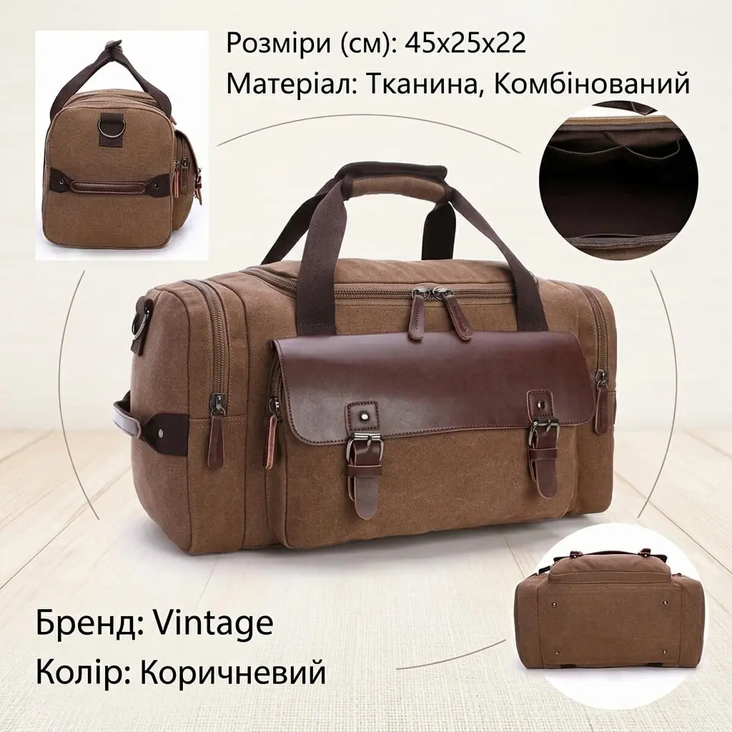 Дорожня сумка текстильна з кишенею 20193 Vintage коричнева - фото 2