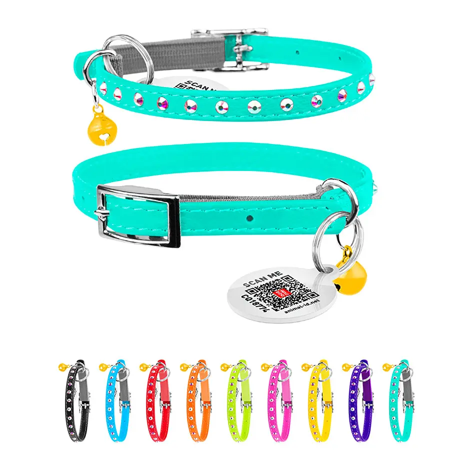 Ошейник Waudog Glamour с резинкой клеевыми стразами для кошек (ширина 9мм длина 22-30см) ментоловый - фото 2