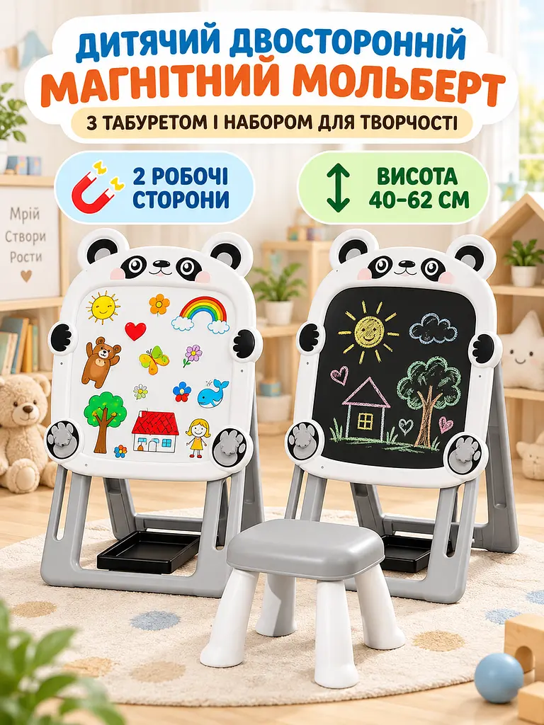 Дитячий мольберт для малювання двосторонній магнітний з табуретом і набором для творчості, для маркерів і крейди, біло-сірий - фото 2