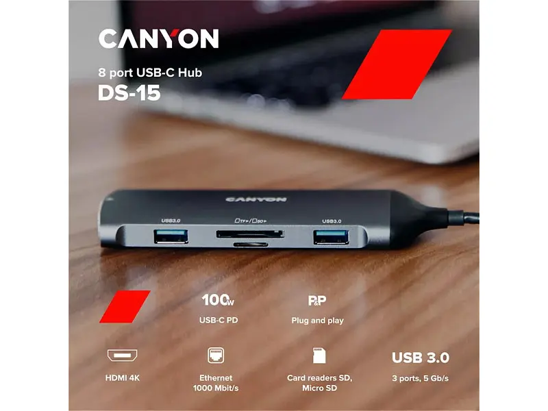 Мультипортовий адаптер Canyon 8 port USB-C Hub DS-15 (CNS-TDS15) - фото 3