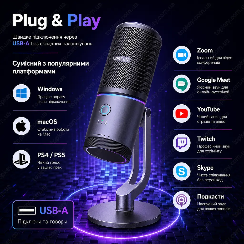Настільний USB мікрофон UGREEN CM769 з RGB-підсвіткою та шумоподавленням - фото 7