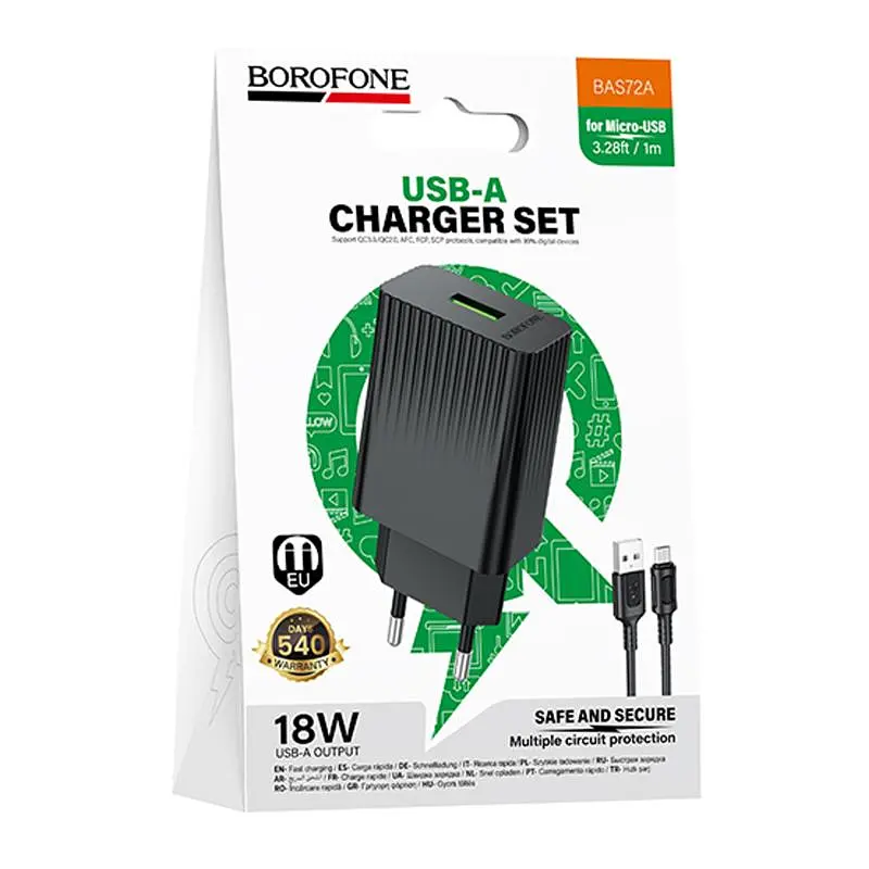 СЗУ Borofone BAS72A Source QC3.0 (1USB-A) + кабель USB to MicroUSB Black - фото 2
