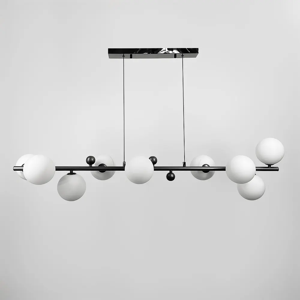 Удлиненная люстра с 9 белыми плафонами длиной 115 см | Ст. MJ 295L/9L BK+WT | Line F - фото 6
