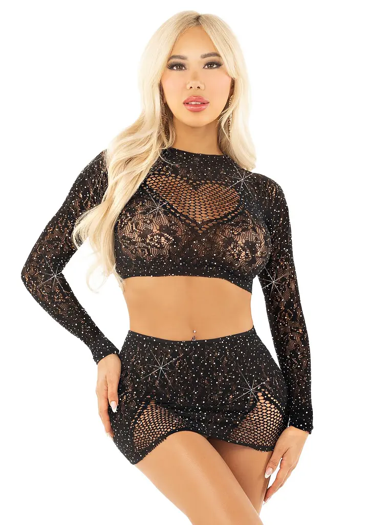 Комплект кроп-топ і спідниця Leg Avenue Rhinestone, One Size, чорний, з довгим рукавом