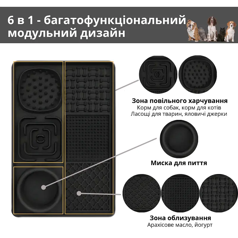 Миска-лизальный коврик для собак и кошек для медленного кормления ПУШИСТОЕ СЧАСТЬЕ Чорний - фото 2