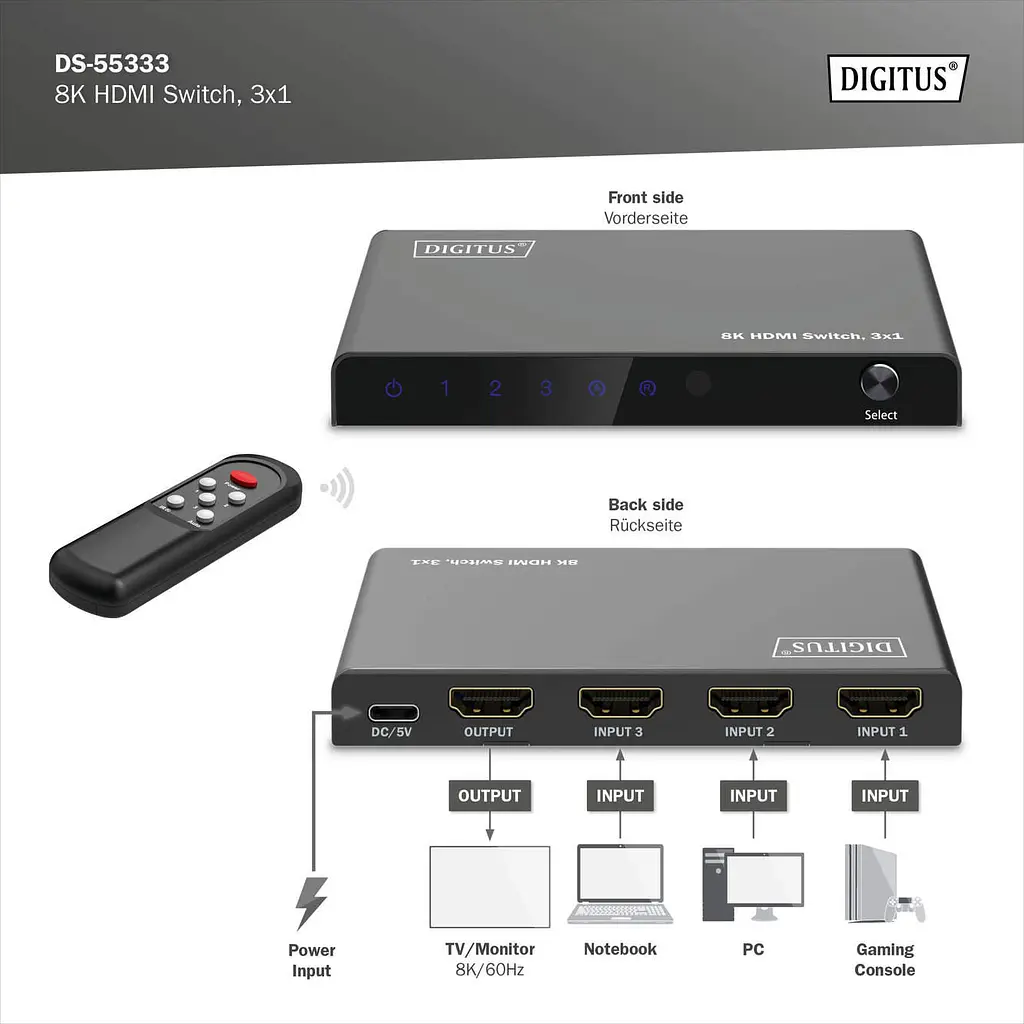 Відеокомутатор Digitus UHD HDMI (INx3 – OUTx1), 8K - фото 7