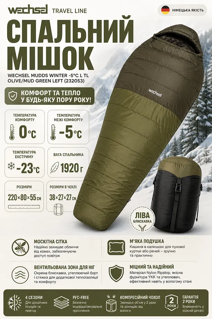 Спальний мішок Wechsel Mudds Winter -5° L TL Olive/Mud Green Left (232053) - фото 3