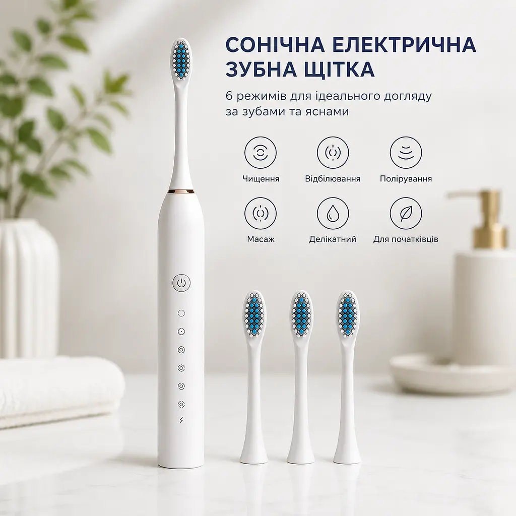 Звукова електрична зубна щітка з таймером, 6 режимів, 3 насадки — 15000 коливань. Біла - фото 6