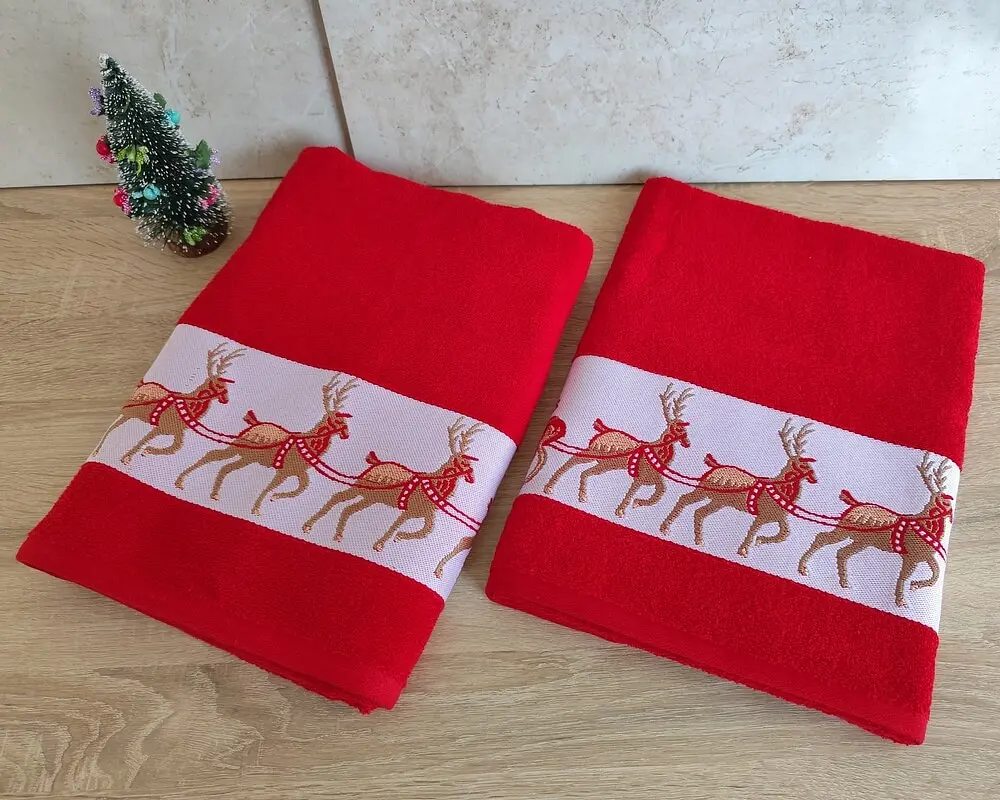Набір новорічних рушників Gulcan 50x90+70х140 Merry Christmas Deer Red - фото 3