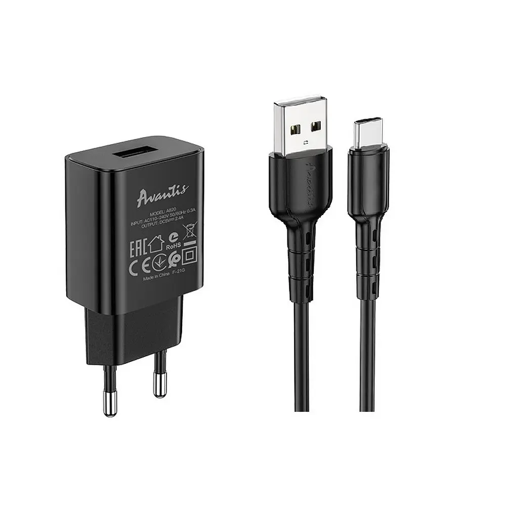 Мережевий зарядний пристрій Avantis A820 (1USB/2.4A) + USB кабель Type-C- чорний