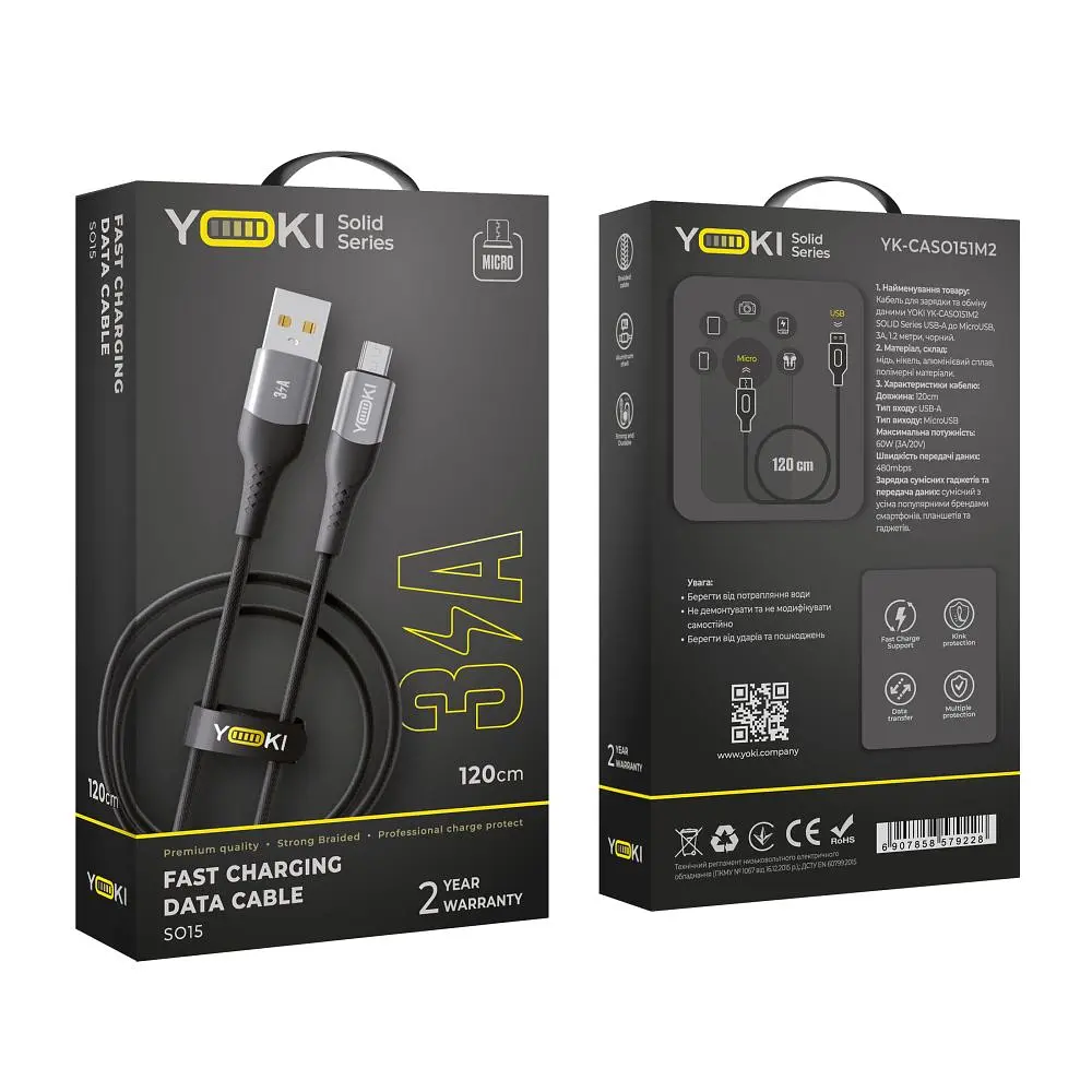 Кабель для заряджання та обміну даними Yoki YK-SO15 SOLID Series USB/MicroUSB 60W 3A/20V 1.2 м Чорний - фото 2
