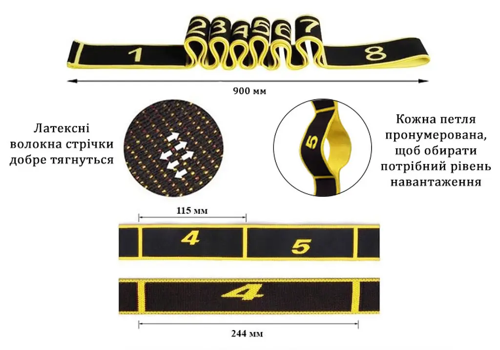 Еспандер стрічковий EasyFit Medium із петлями для тренувань жовтий (EF-1683-Y) - фото 2