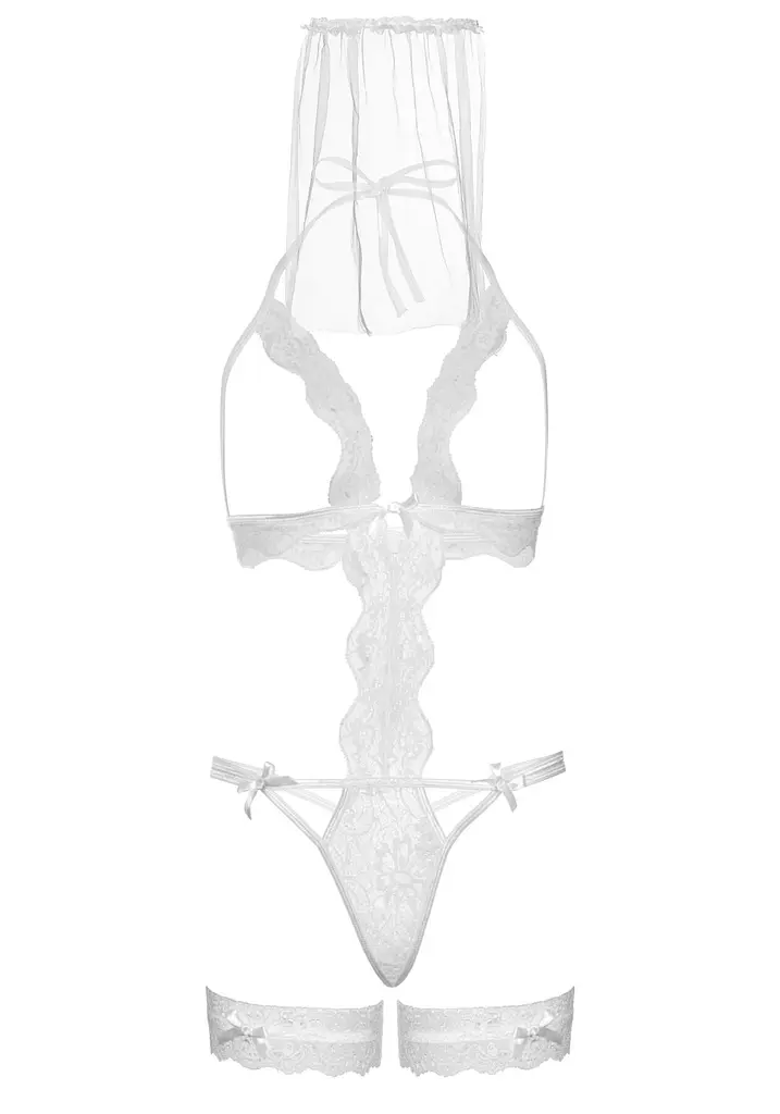 Костюм нареченої Leg Avenue G-string teddy, veil & garter One size White, з відкритими грудьми - фото 4