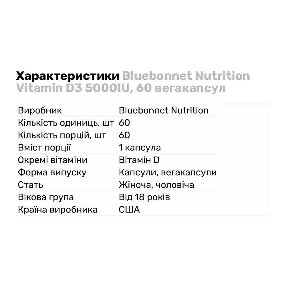 Витамины и минералы Bluebonnet Vitamin D3 5000 IU 60 вегакапсул - фото 2