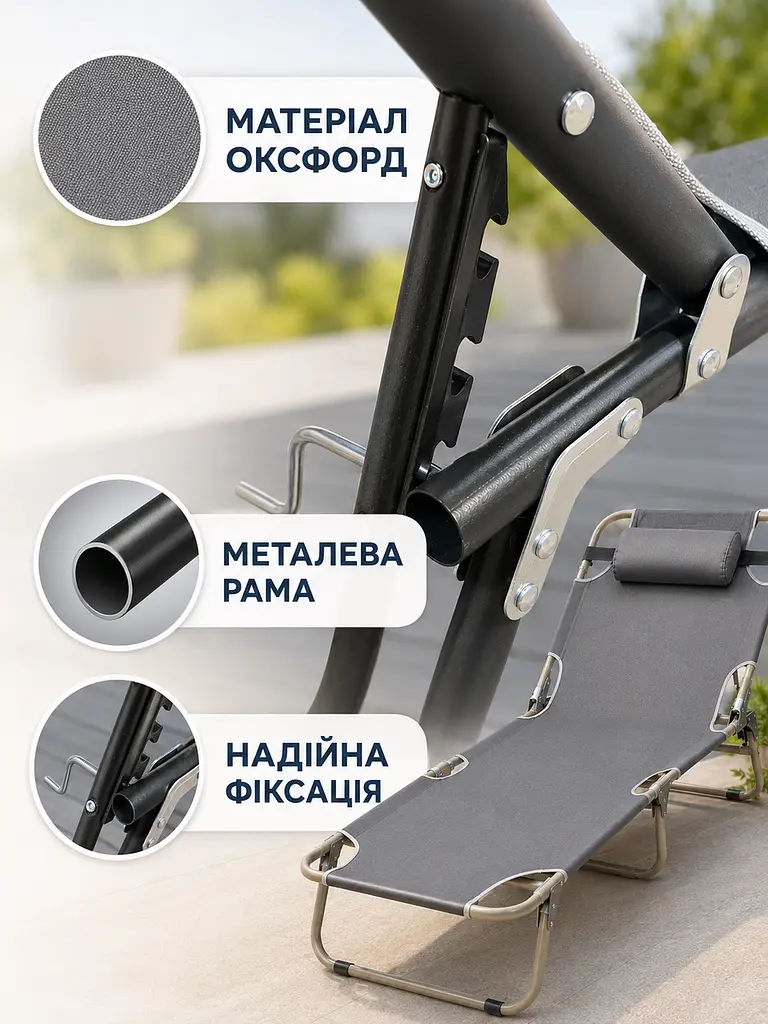 Шезлонг розкладний сірий 176×56×28 см з підголівником для саду, пляжу та кемпінгу (49676043) - фото 6