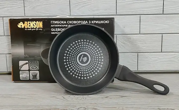 Глубокая сковорода c крышкой Benson BN-448 ⌀ 24см 2,4л антипригарное алмазное покрытие Черная - фото 8