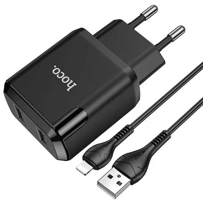 Зарядное устройство 220В 2 USB с кабелем USB - Lightning Hoco N7 Speedy Чёрный - фото 5