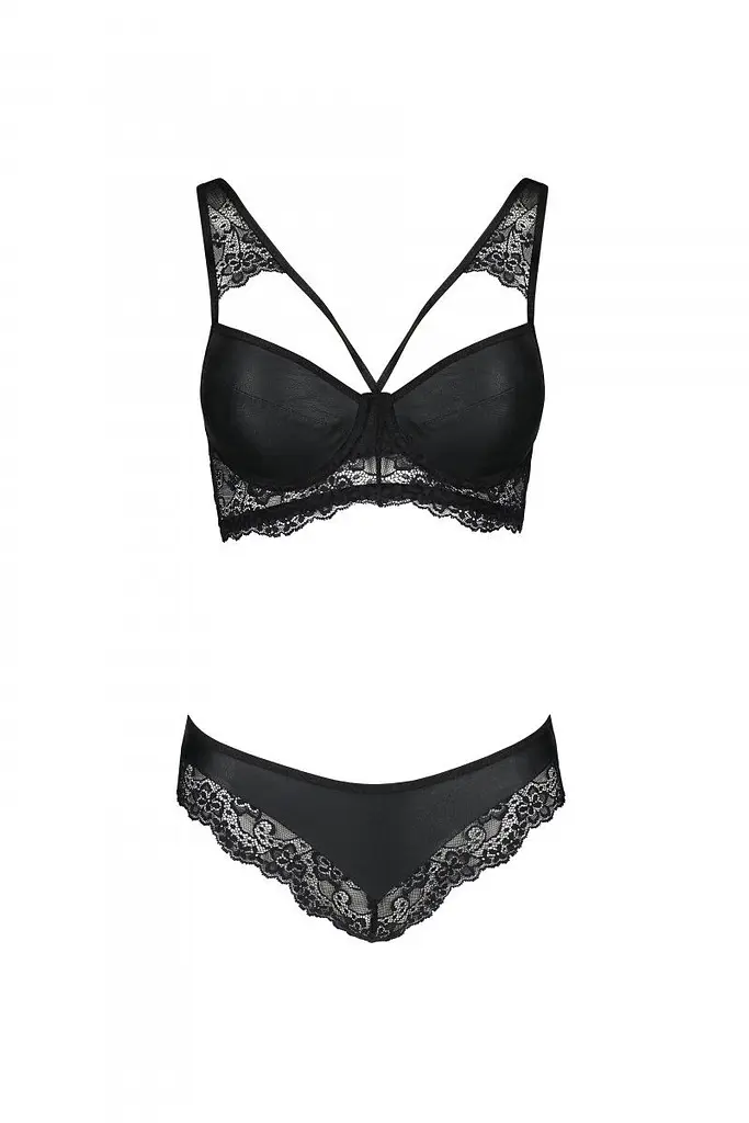 Комплект из эко-кожи с кружевом: бра и трусики Passion Loona Set, L/XL (черный) - фото 5