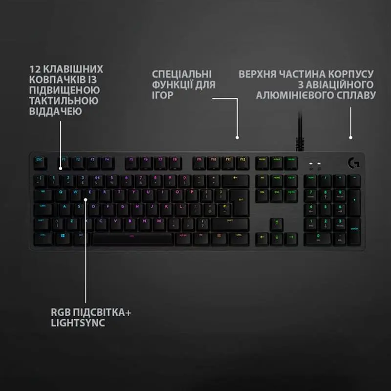 Клавiатура Logitech G512 Carbon Lightsync RGB Mechanical with GX Brown switches Black (920-009352) - фото 4
