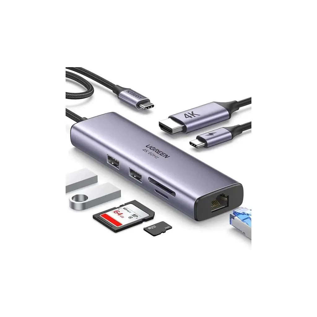 Концентратор Ugreen USB-C 6-in-1 2xUSB-A + 1xUSB-C PD100W + DisplayPort 4K60Hz + 1xRJ45 1000Mbps black (75643) - фото 4