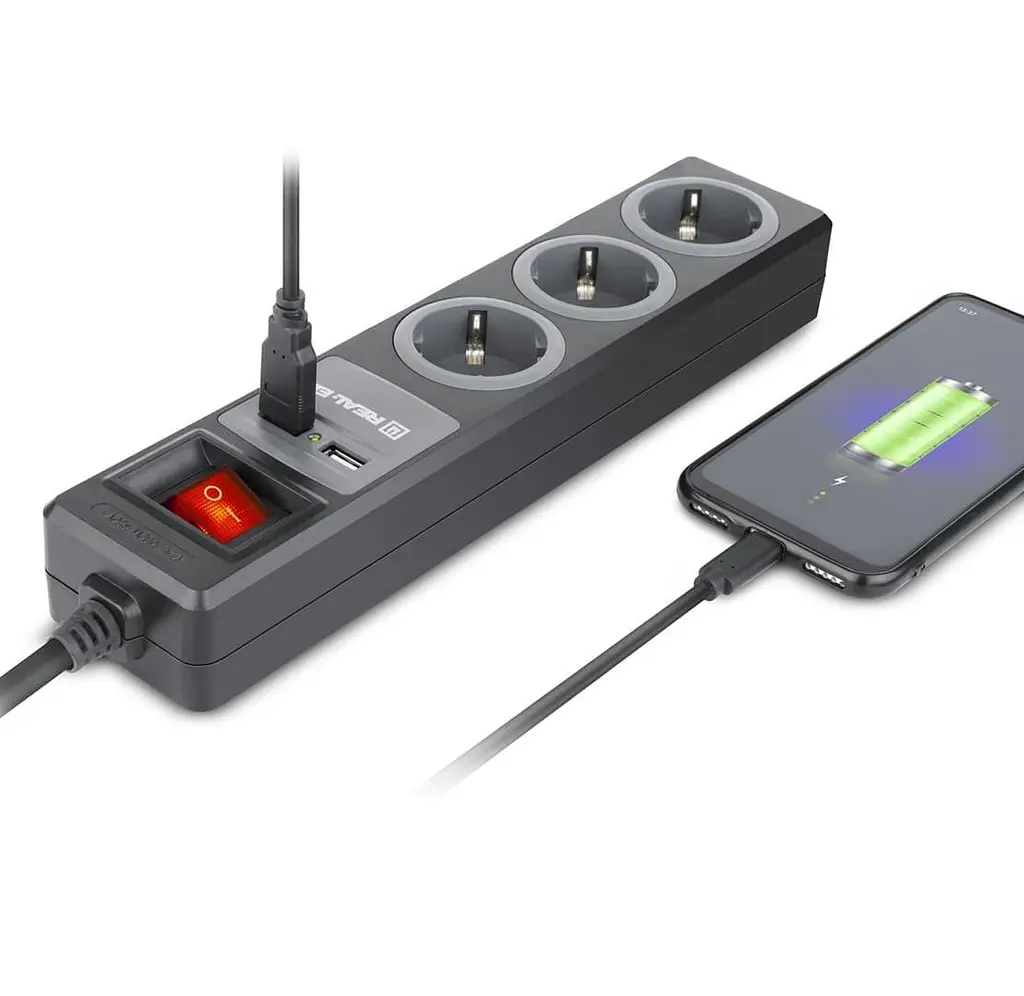 Мережевий фільтр Real-EL RS-3 USB CHARGE 1.8m Black UAH (EL122500001) - фото 6