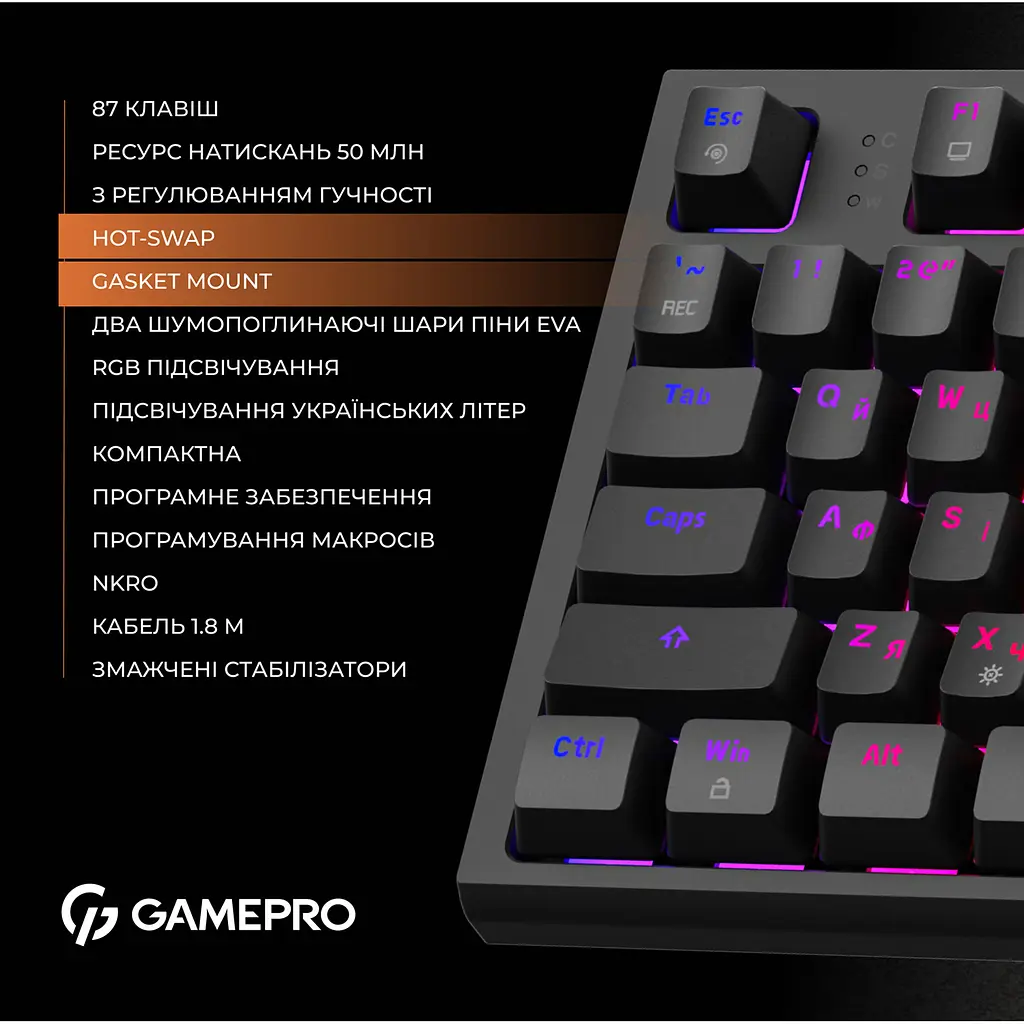 Клавиатура GamePro MK180B Hot-Swap Red Swich RGB USB Black [MK180B] [121466] - фото 9