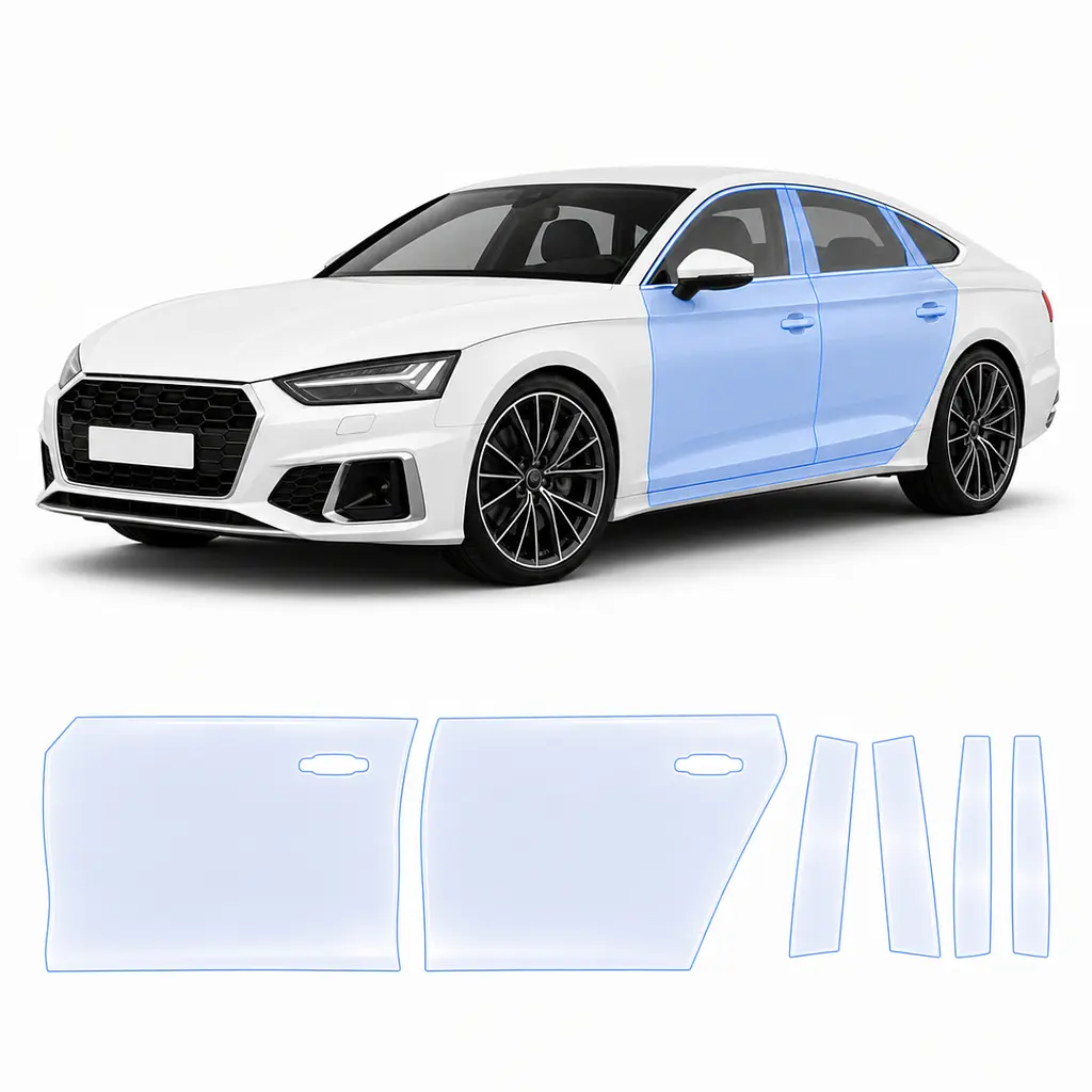 Антигравійна захисна бронеплівка за лекалами для Audi A5 F5 facelift 2020-2024 - зони дверей і стійки вікон