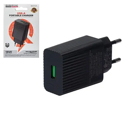 Мережевий зарядний пристрій BOROFONE BAS72A USB-A: 18W (QC/FCP/AFC) Black