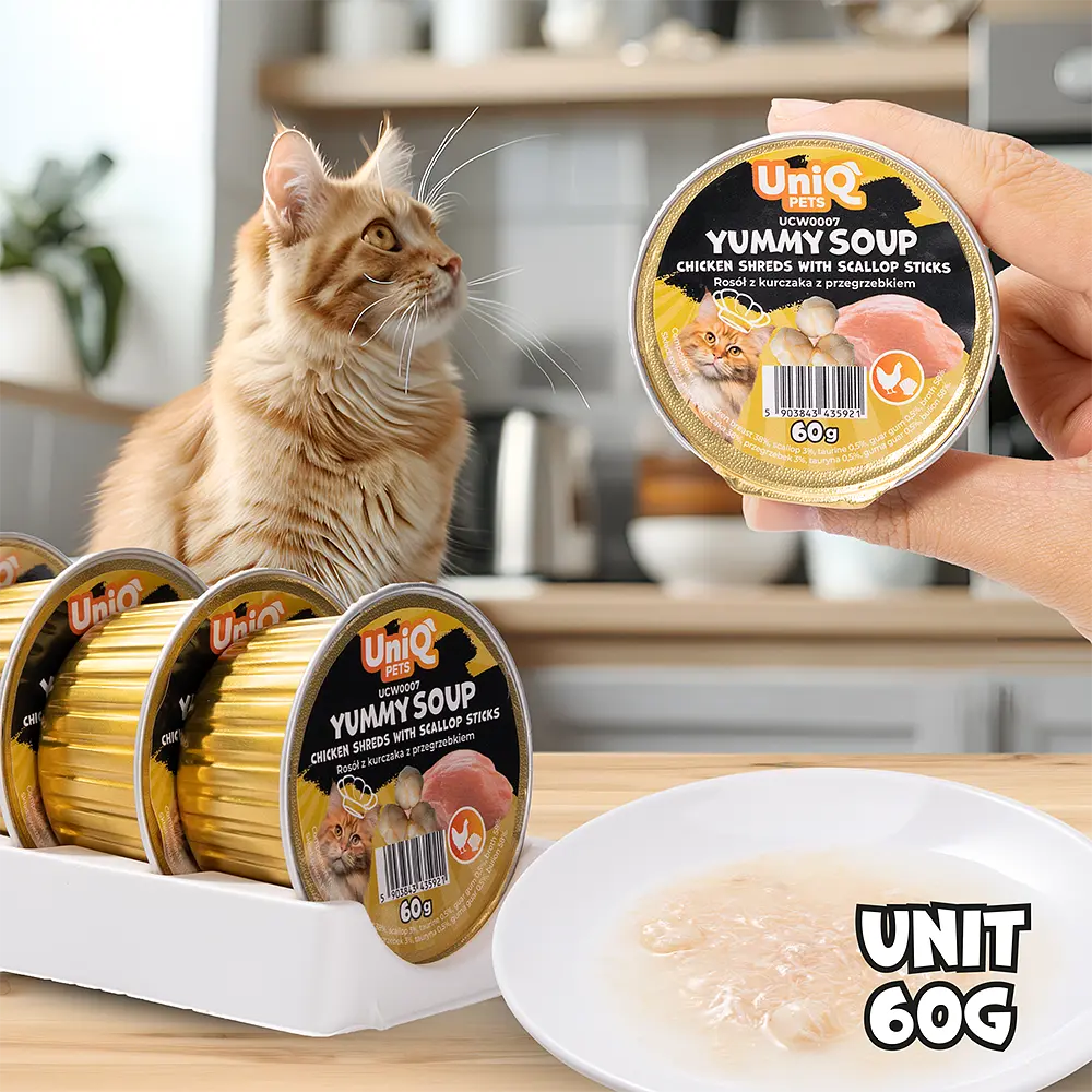 Суп для кішок UNIQ PETS CAT WET FOOD YUMMY SOUP з курячими шматочками та паличками з гребінців, 60 г - фото 3