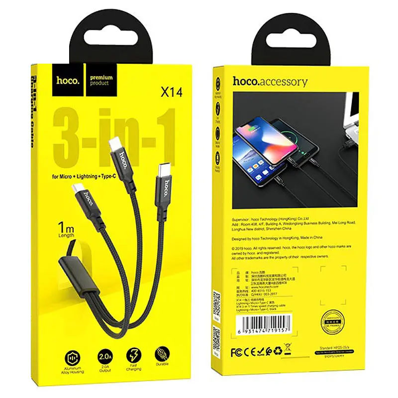 Дата кабель Hoco X14 Times Speed 3in1 (Lightning+Micro USB+Type-C) (1m) Чорний - фото 5