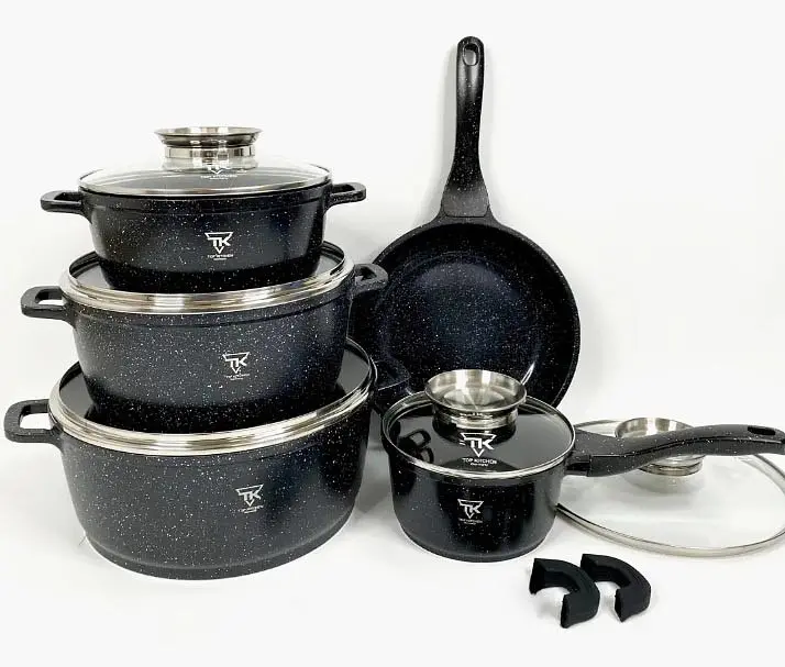 Набір каструль із сковородою та сотейником Top Kitchen TK-00020 з гранітним покриттям 12 предметів Чорний - фото 3
