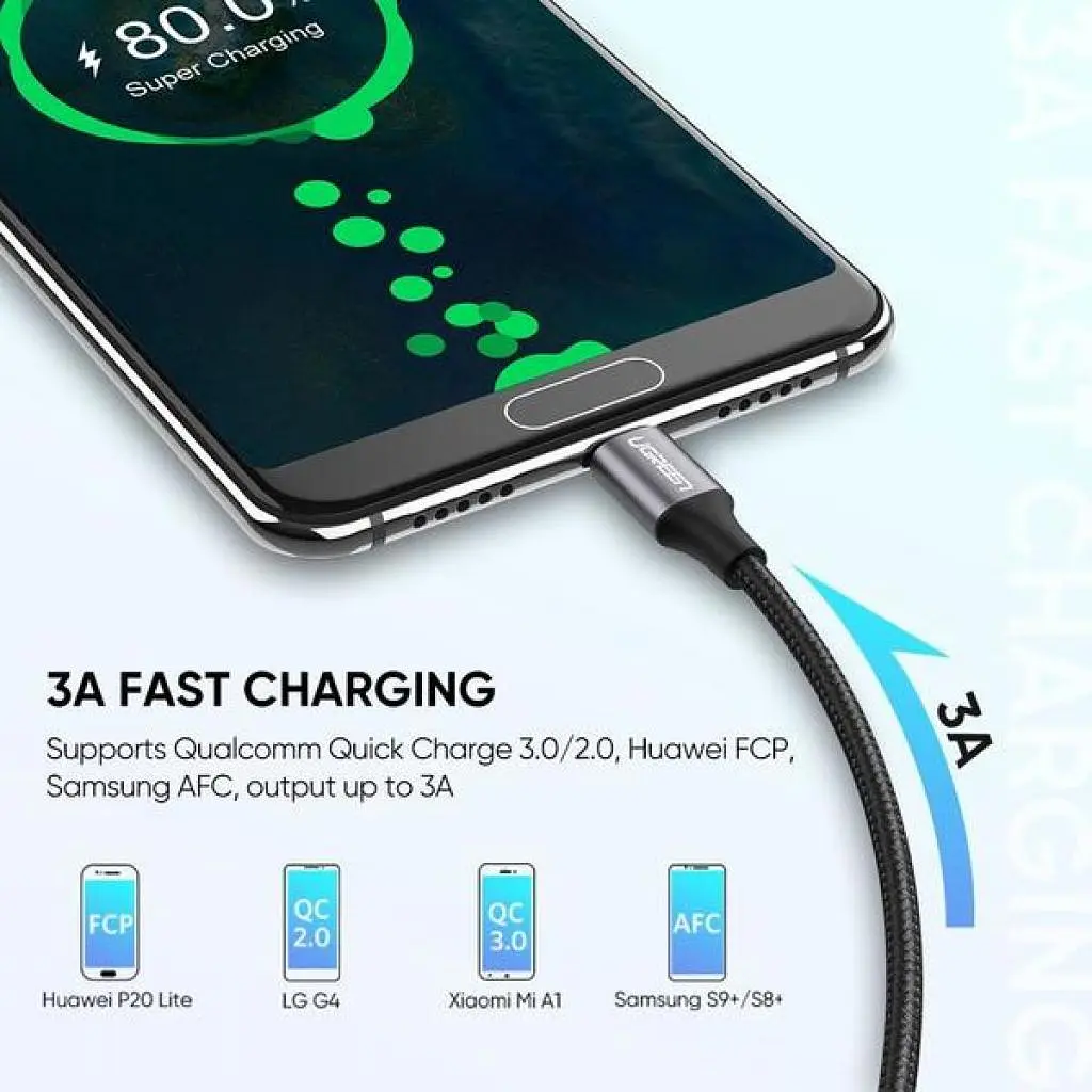 Дата кабель USB 2.0 AM to Type-C 1.0m US288 Aluminum Braid Black Ugreen (60126) - фото 2