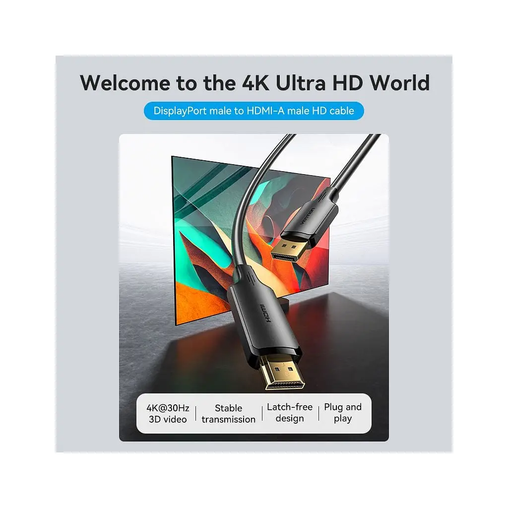 Кабель мультимедійний DisplayPort M to HDMI M 1.8m 4K40Hz black Vention (HFOBAC) - фото 2