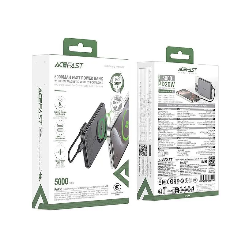 Універсальна мобільна батарея Acefast PD magnetic fast charging power bank with cable M30 5000mAh | 2Type-C, 20W/3A, PD/QC| - фото 2