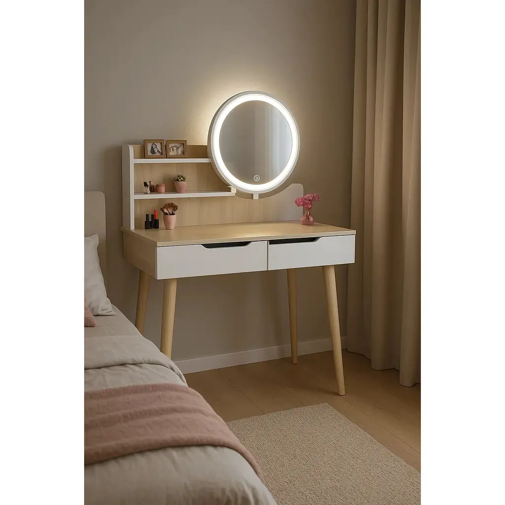 Туалетный столик Jumi Scandi LED подсветка, с ящиками, светлый бук - фото 6