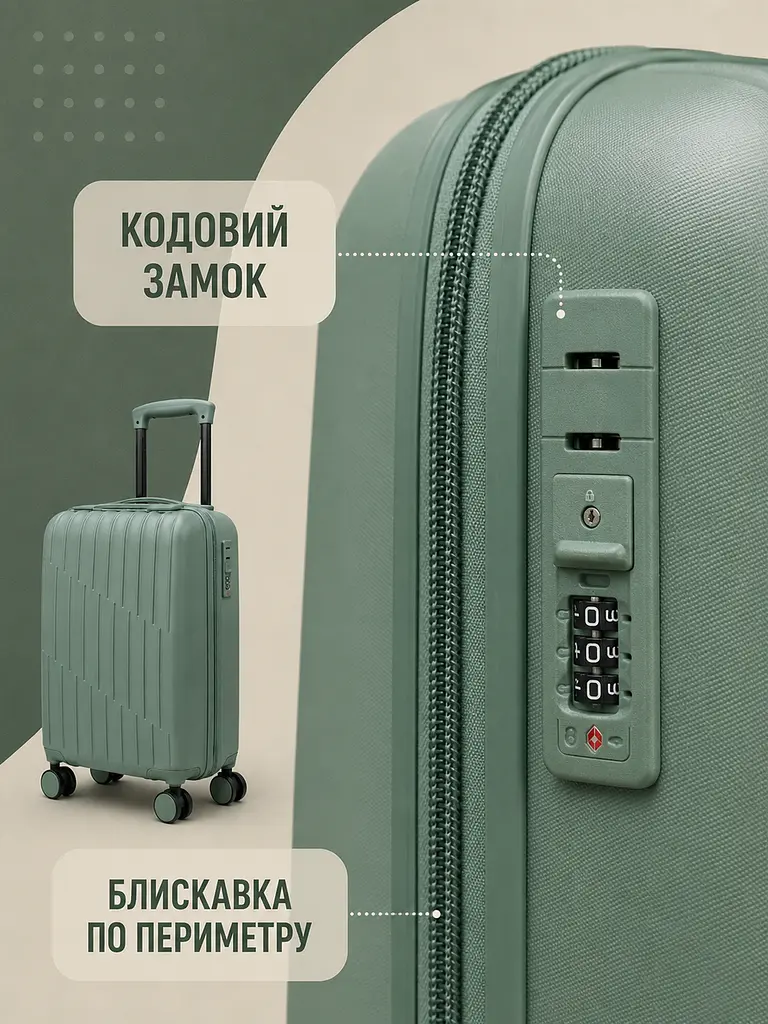 Дорожня валіза на коліщатках 40×30×20 см для ручної поклажі з телескопічною ручкою та кодовим замком, фісташковий (49676350) - фото 7